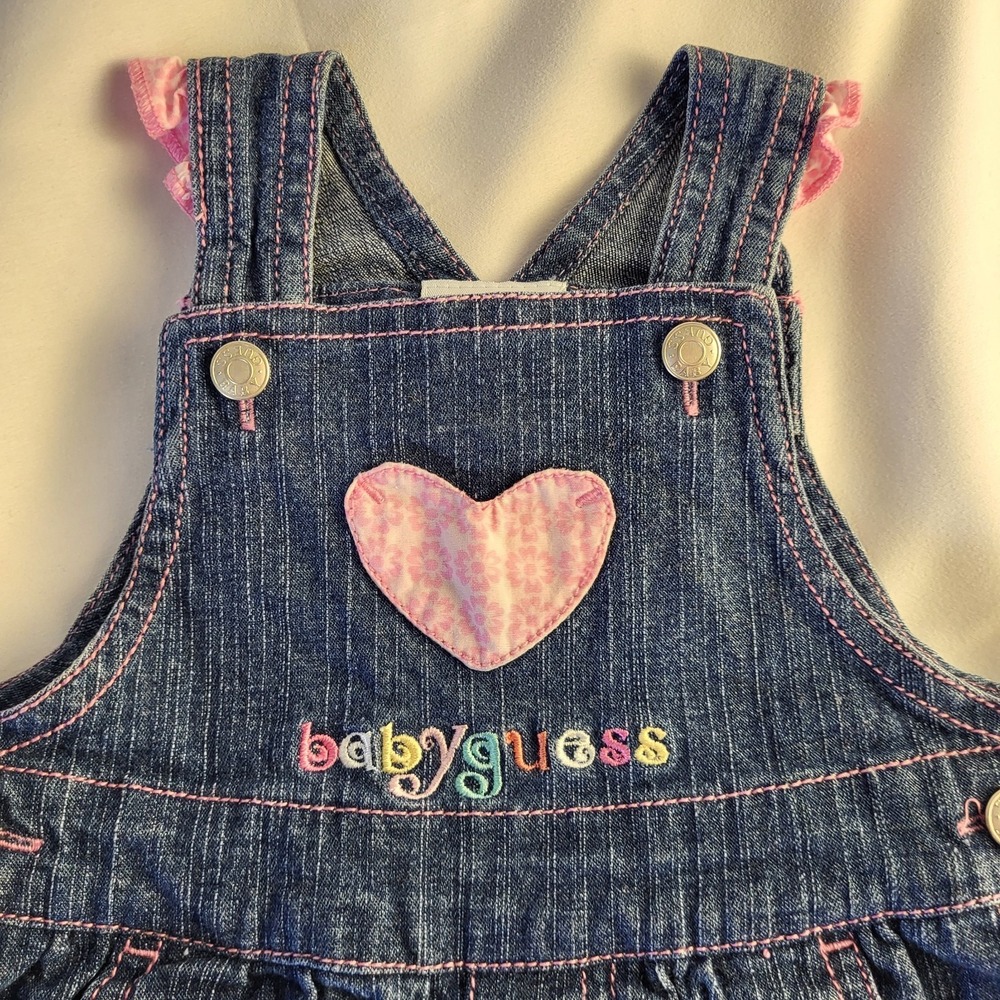 Vintage Y2K Girl 12 Months Baby Guess Dress Denim Jumper Colorful Ruffles